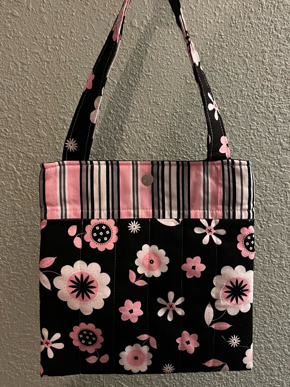 Girls Black and Pink Floral Quilted Shoulder Bag with Stripe Trim